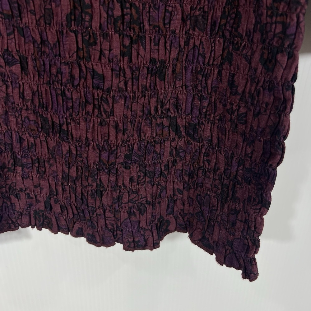 Free People Smock It To Me Mini Dress XS Burgundy Floral Puff Sleeve Cotton NEW - Picture 6 of 13